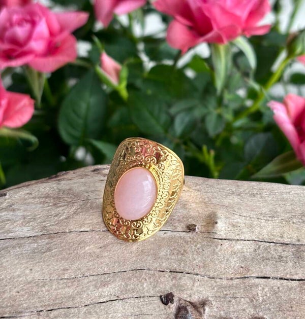18ct Gold Plated Rose Quartz Shield Adjustable Ring
