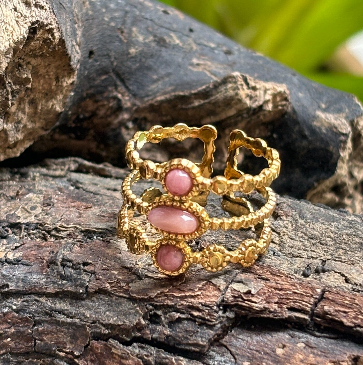 18ct Gold Plated Rhodochrosite Triple Band Adjustable Ring