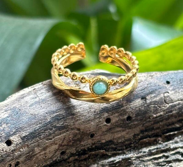 18ct Gold Plated Amazonite Double Band Adjustable Ring