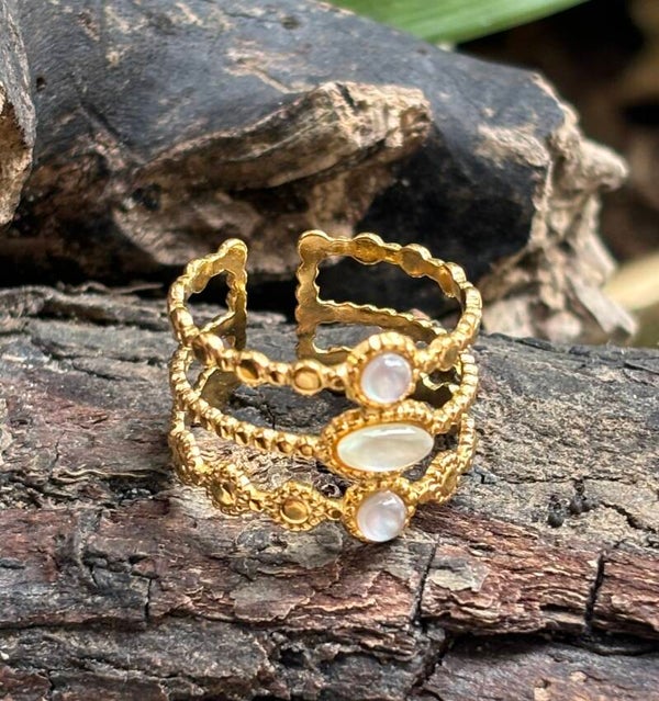 18ct Gold Plated Cats Eye Triple Band Adjustable Ring