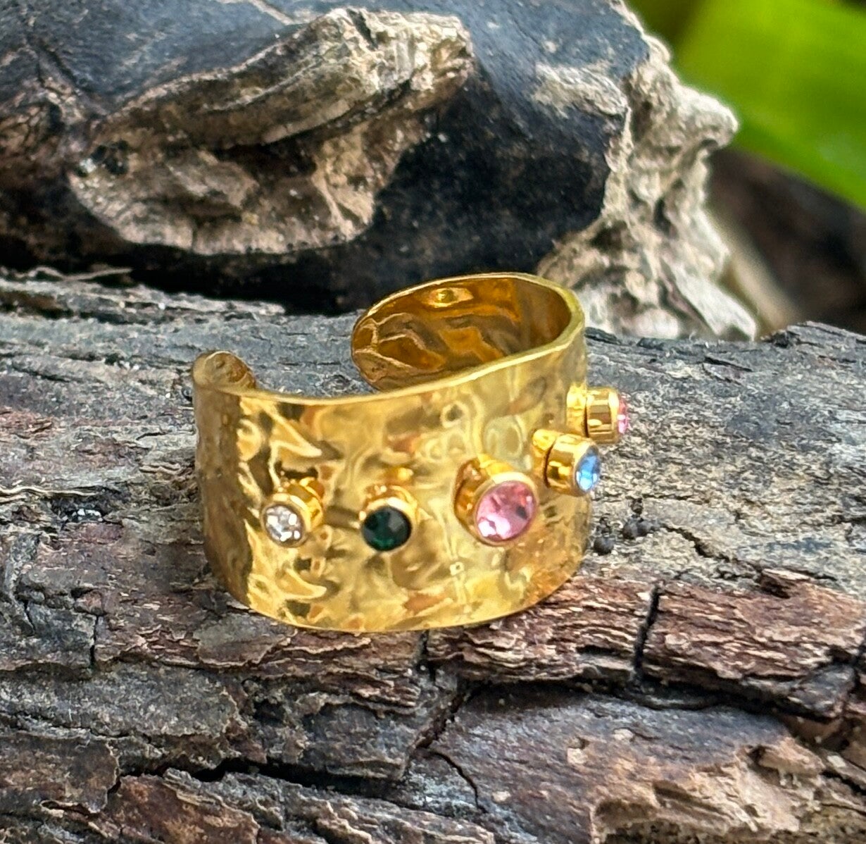 18ct Gold Plated Multi Colour Cubic Zirconia Hammered Adjustable Ring