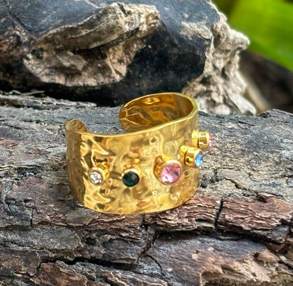 18ct Gold Plated Multi Colour Cubic Zirconia Hammered Adjustable Ring