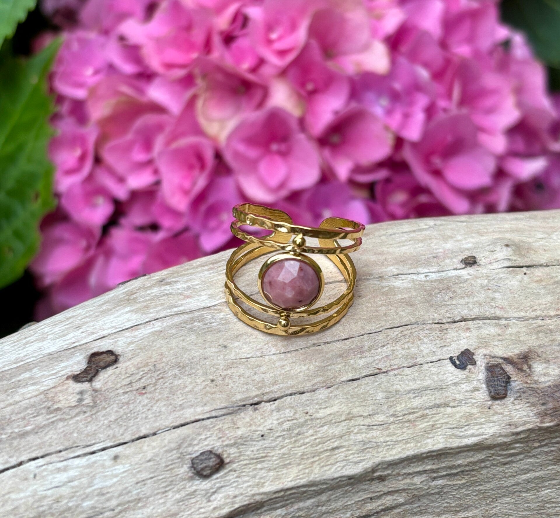 18ct Gold Plated Adjustable Rhodochrosite Double Band Ring