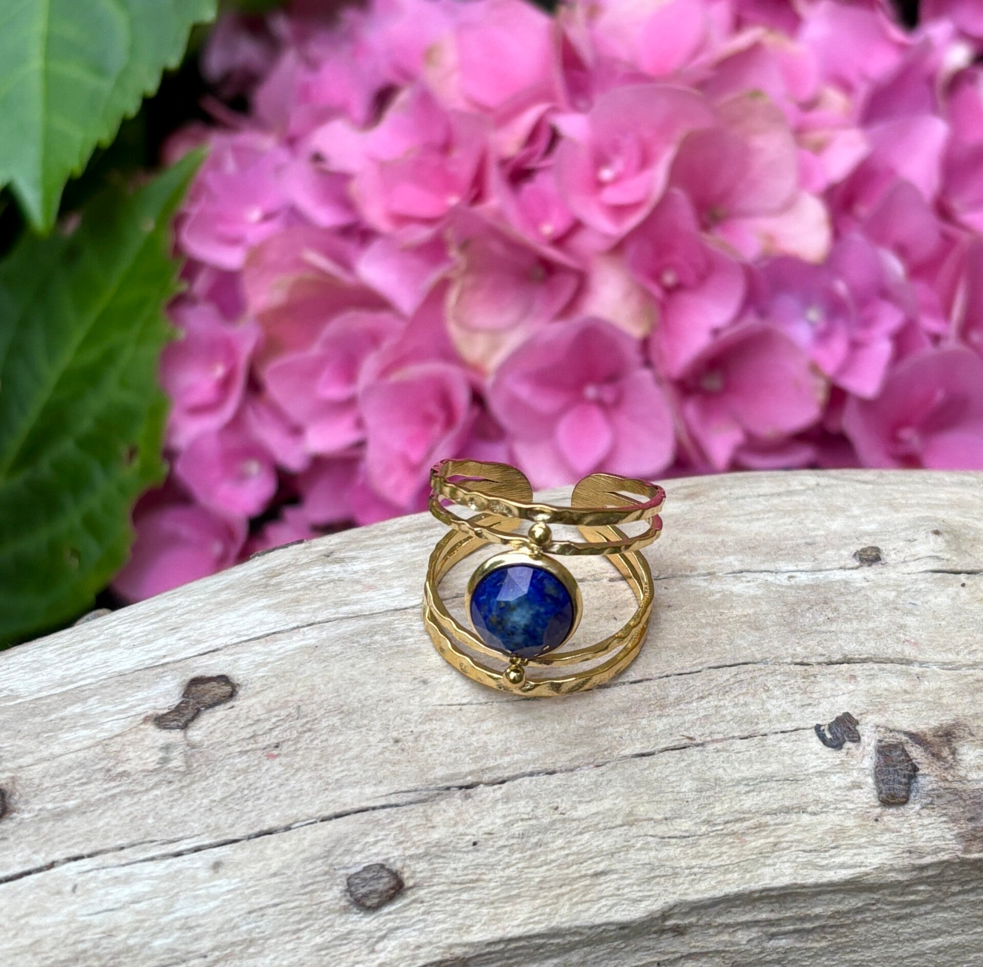 18ct Gold Plated Adjustable Lapis Lazuli Double Band Ring