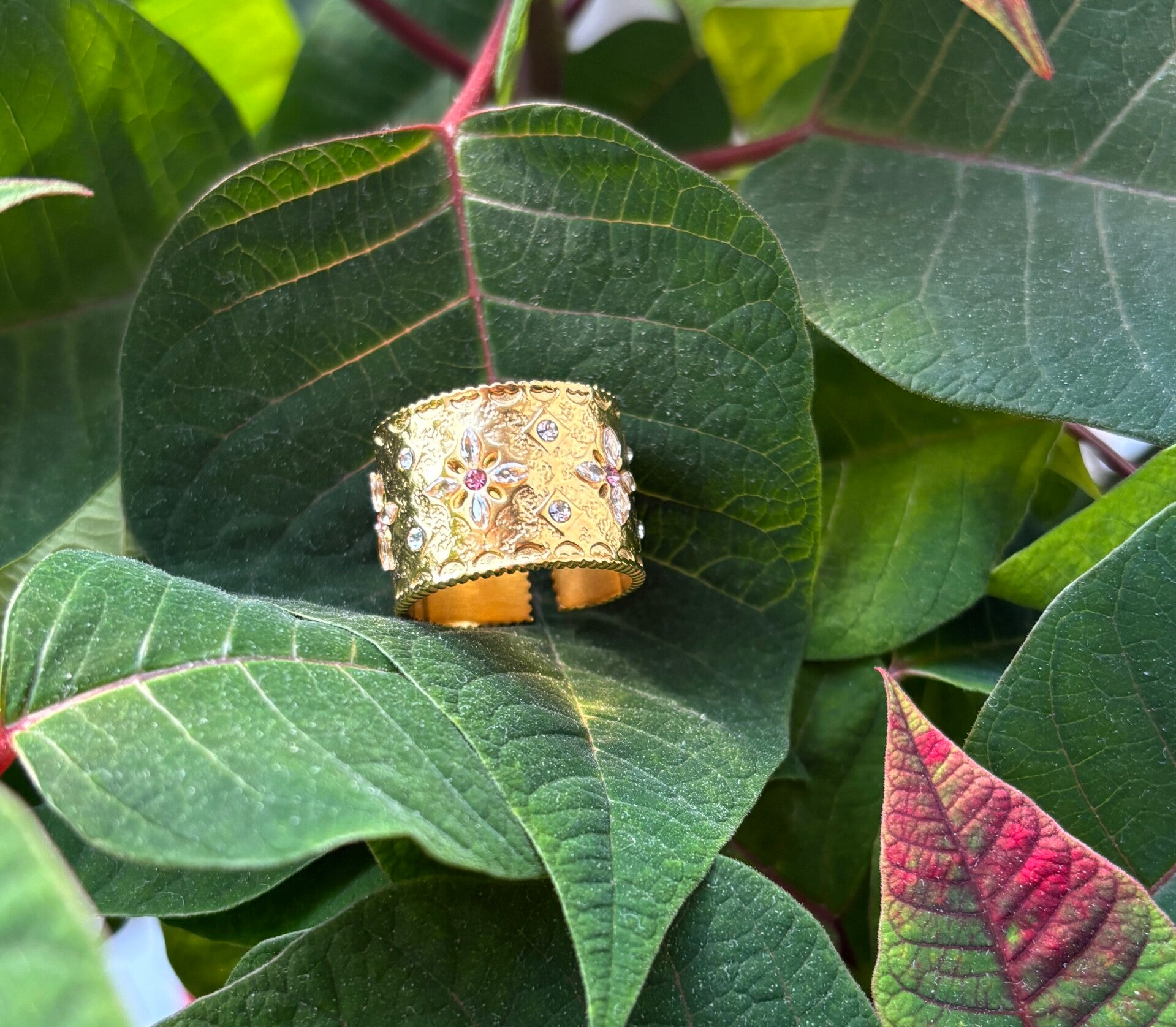 18ct Gold Plated Adjustable Pink Cubic Zirconia Cuff Ring