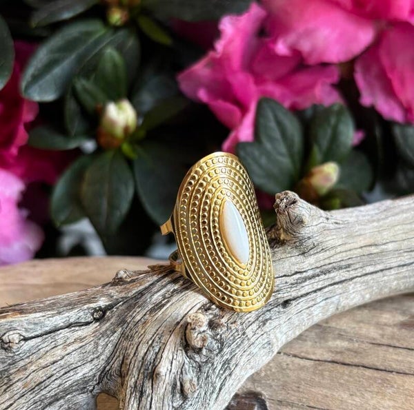 18ct Gold Plated White Jade Adjustable Ring