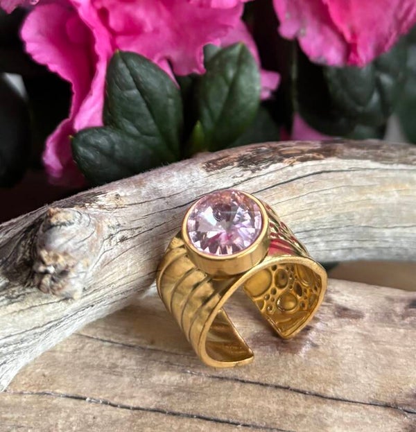 18ct Gold Plated Pink Cubic Zirconia Textured Band Ring