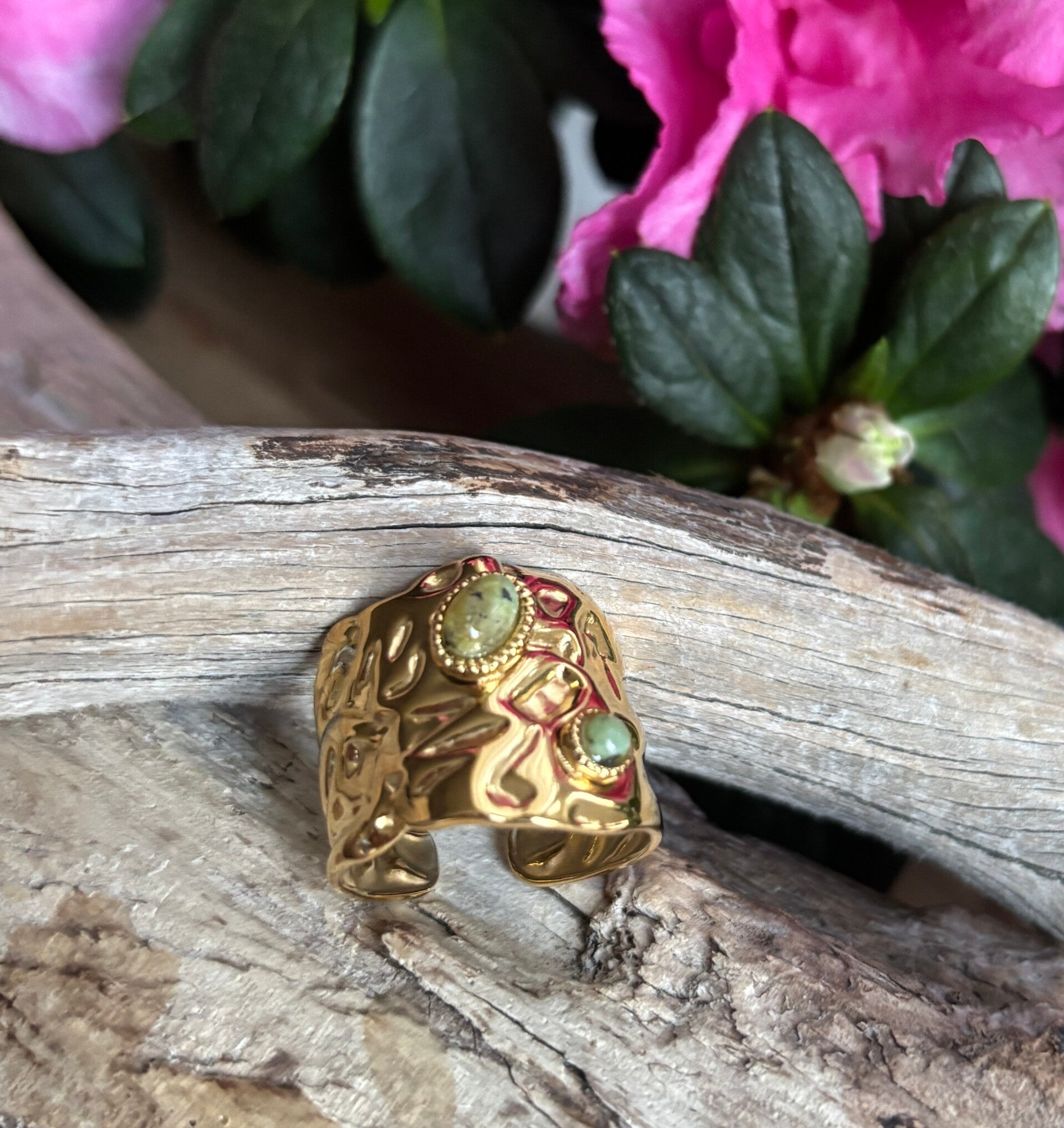 18ct Gold Plated African Turquoise Battered Adjustable Ring