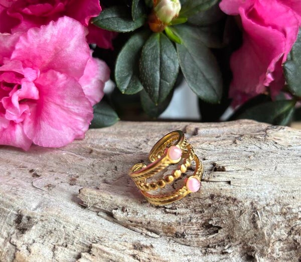 18ct Gold Plated Rose Quartz Triple Band Adjustable Ring