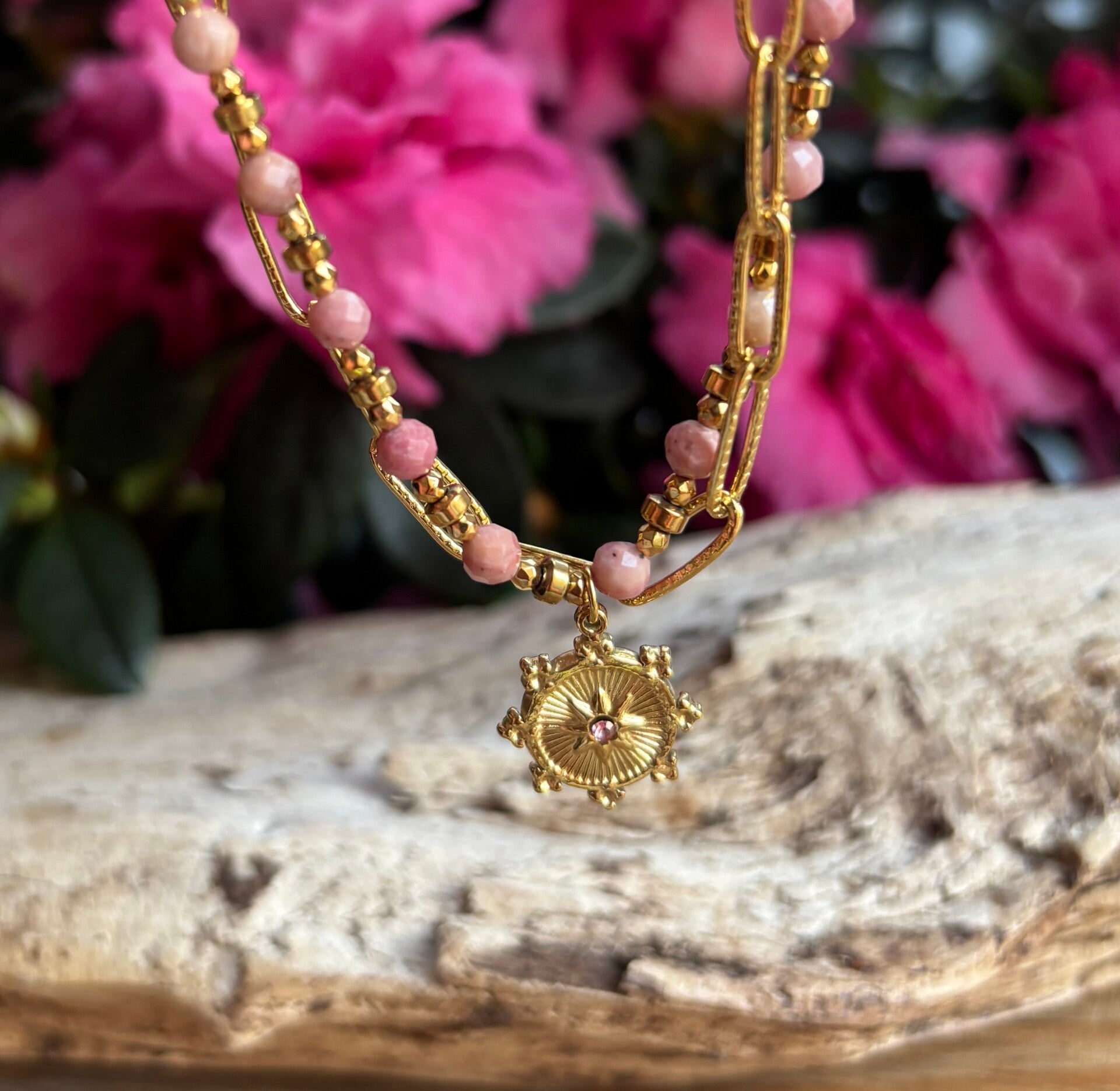 18ct Gold Plated Rhodochrosite Sun Disc Bracelet