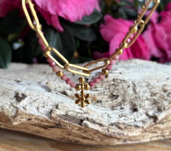 18ct Gold Plated Rhodochrosite Flower Double Chain Bracelet