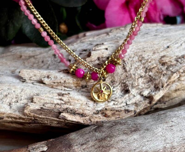 18ct Gold Plated Pink Quartz Star Double Chain Bracelet