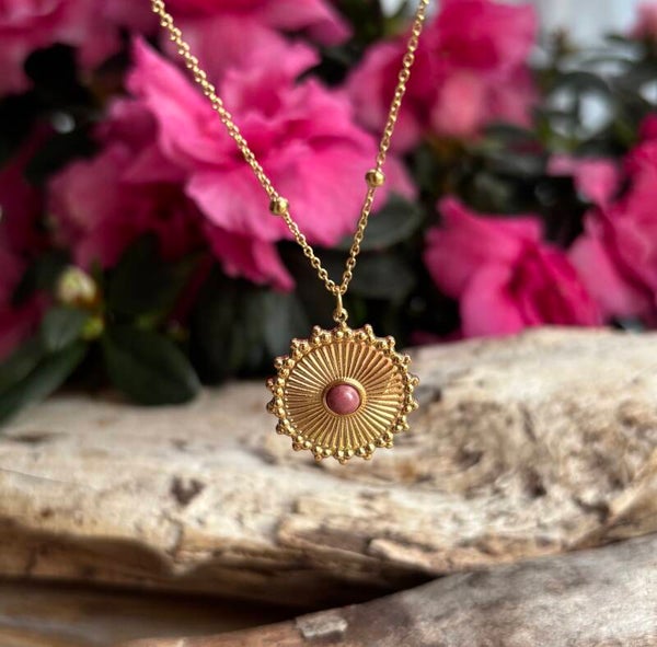 18ct Gold Plated Rhodochrosite Sun Pendant Necklace
