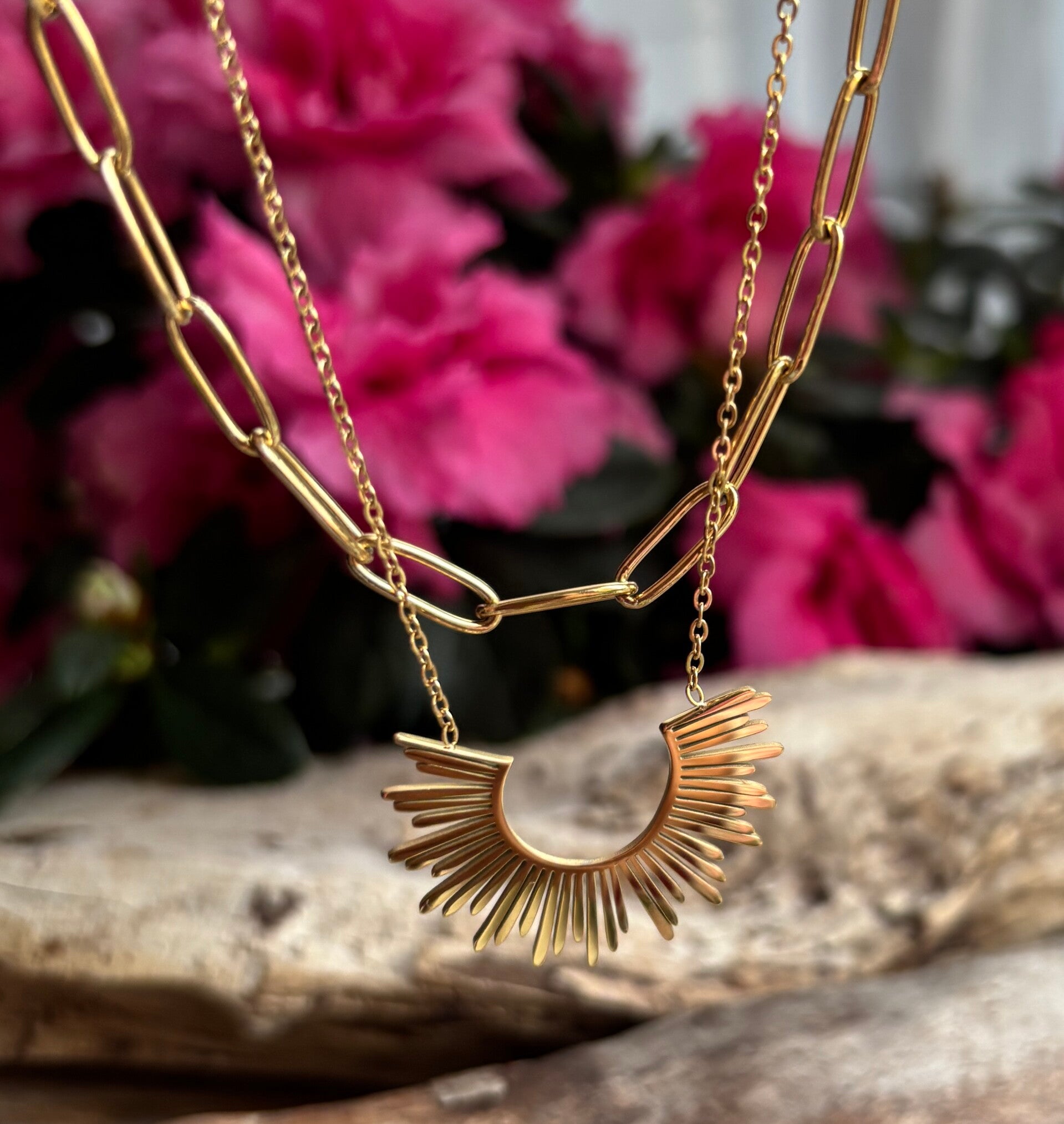 18ct Gold Plated Sun Pendant Double Chain Necklace