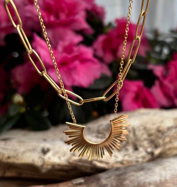 18ct Gold Plated Sun Pendant Double Chain Necklace