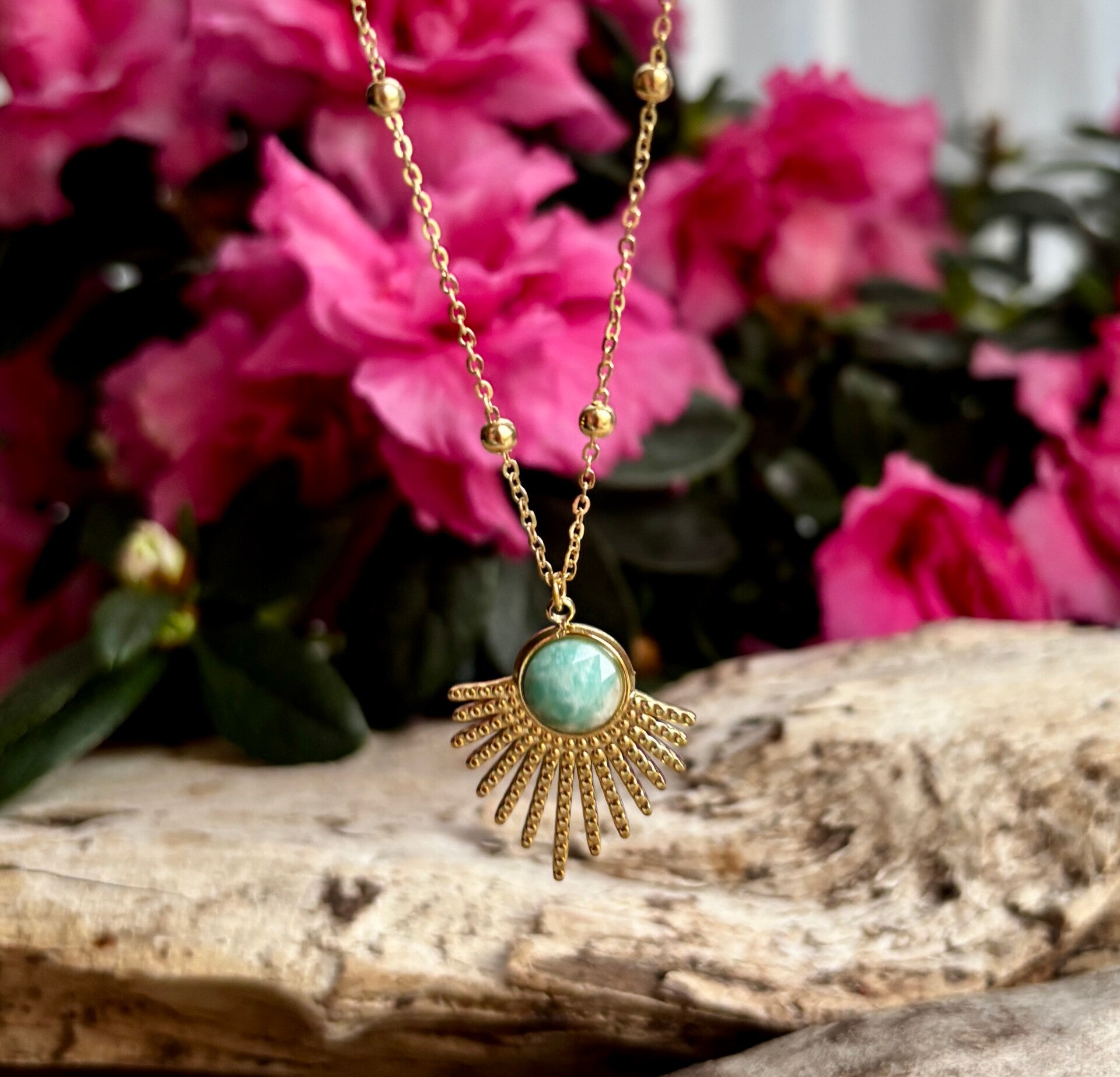 18ct Gold Plated Amazonite Feather Pendant Necklace