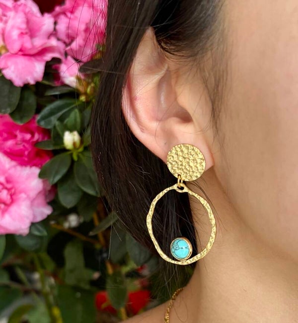 18ct Gold Plated Gold Circle Turquoise Hoop Earrings