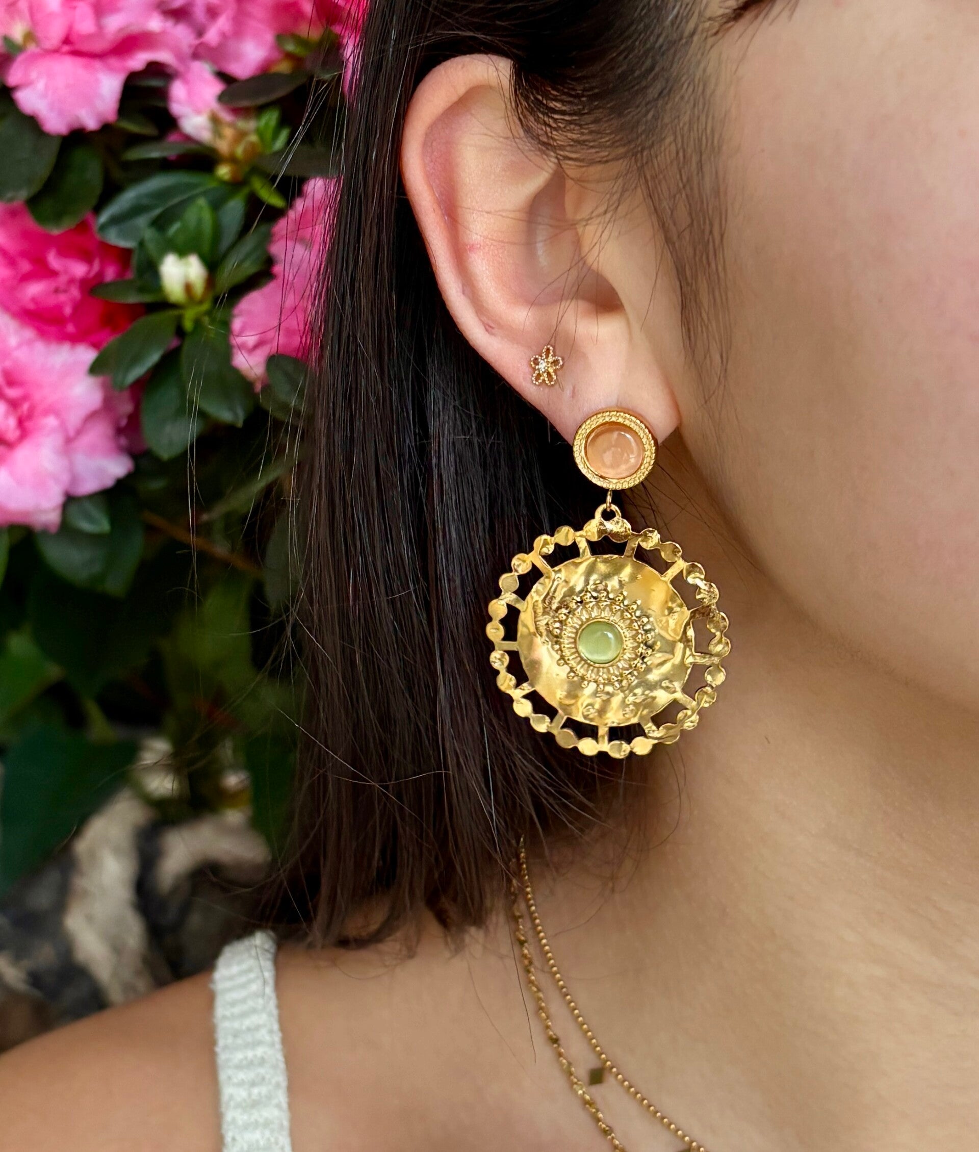 18ct Gold Plated Cats Eye Medallion Earrings