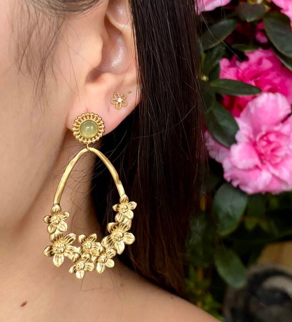 18ct Gold Plated Green Aventurine Flower Hoop Earrings