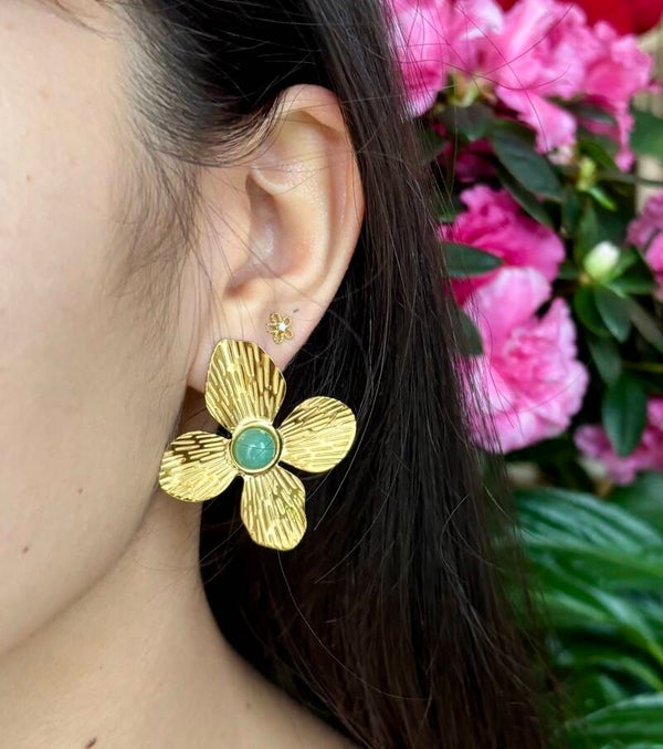 18ct Gold Plated Green Aventurine Flower Earrings