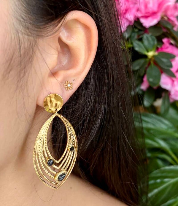 8ct Gold Plated Black Turquoise Leaf Earrings