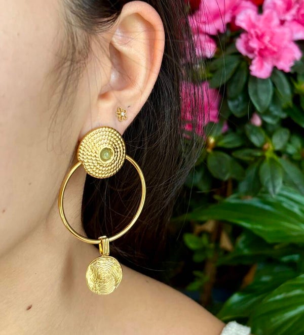 18ct Gold Plated Green Aventurine Circle Earrings