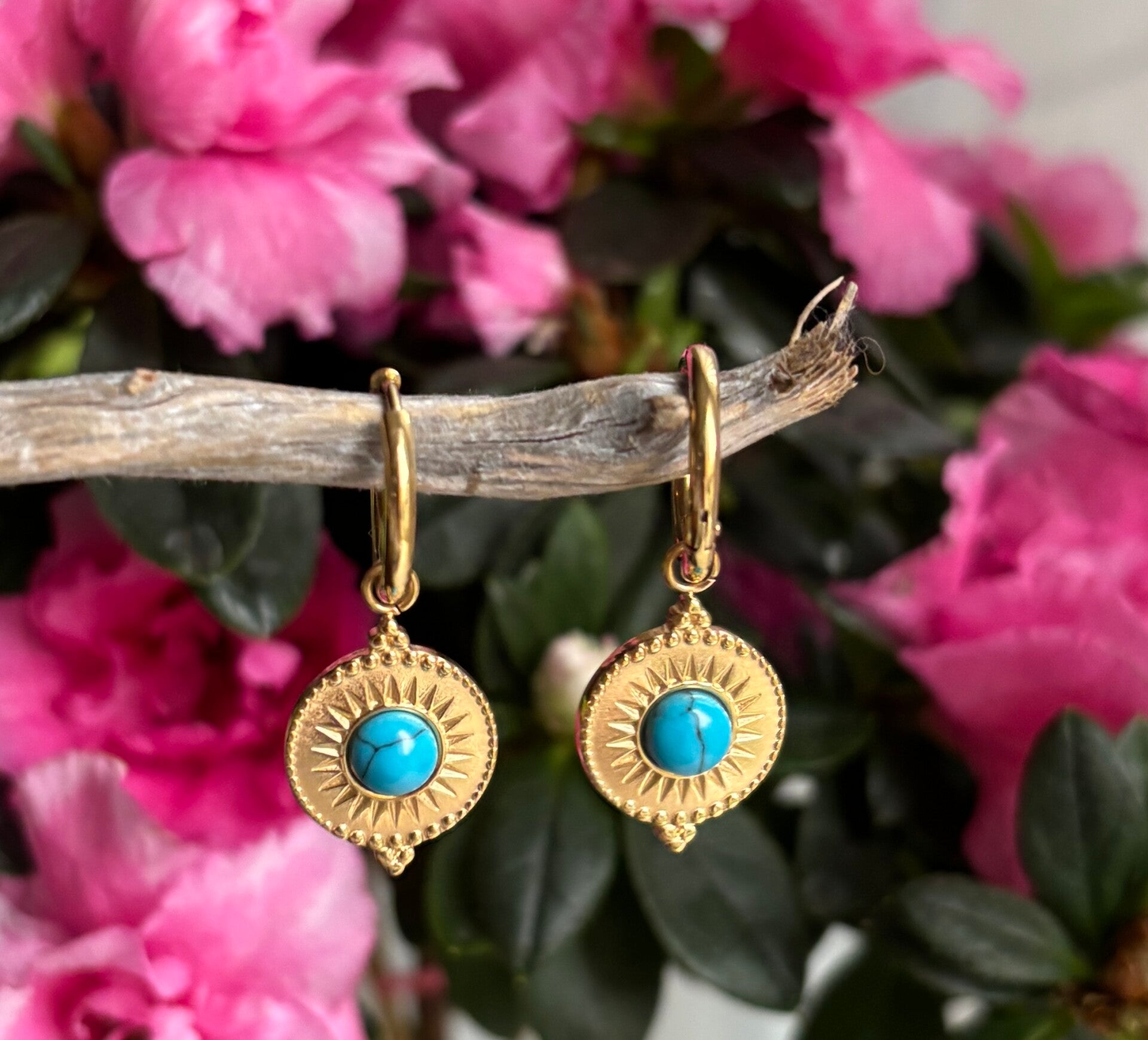 18ct Gold Plated Turquoise Circle Drop Huggie Earrings