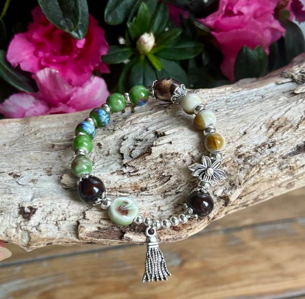 Ceramic Beads Elastic Bracelet With Tassel Charm