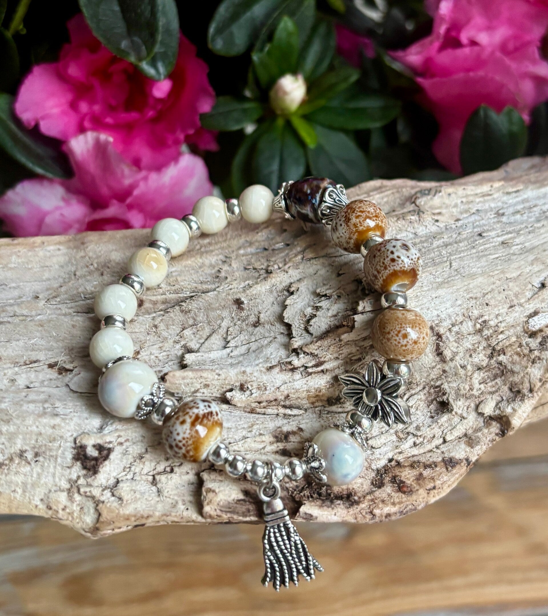 Ceramic Beads Elastic Bracelet With Tassel Charm