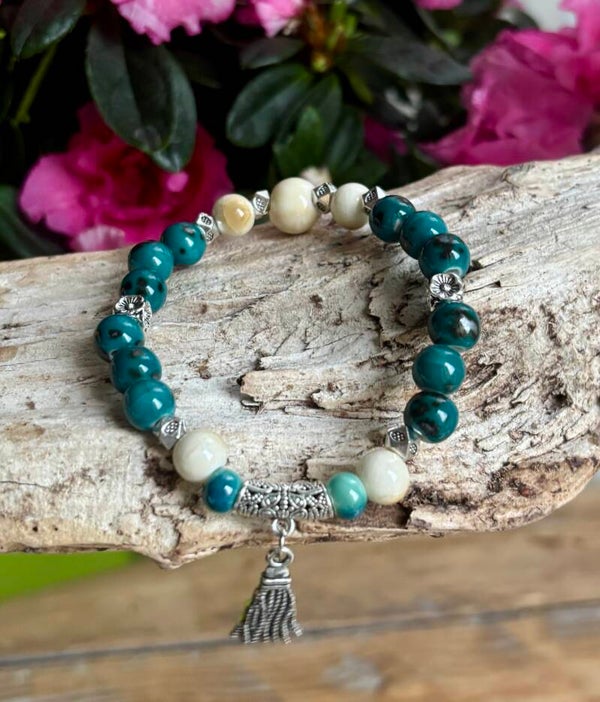 Ceramic Beads Elastic Bracelet With Tassel Charm