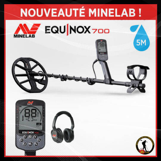 Détecteur de métaux Minelab EQUINOX 700 avec écran LCD, disque, casque audio inclus et étanchéité jusqu'à 5 mètres.