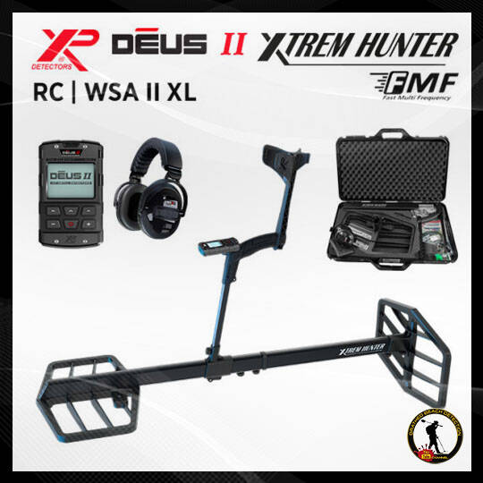 Détecteur de métaux XP DEUS II XTREM HUNTER avec télécommande RC, casque sans fil WSA II XL et mallette de transport.
