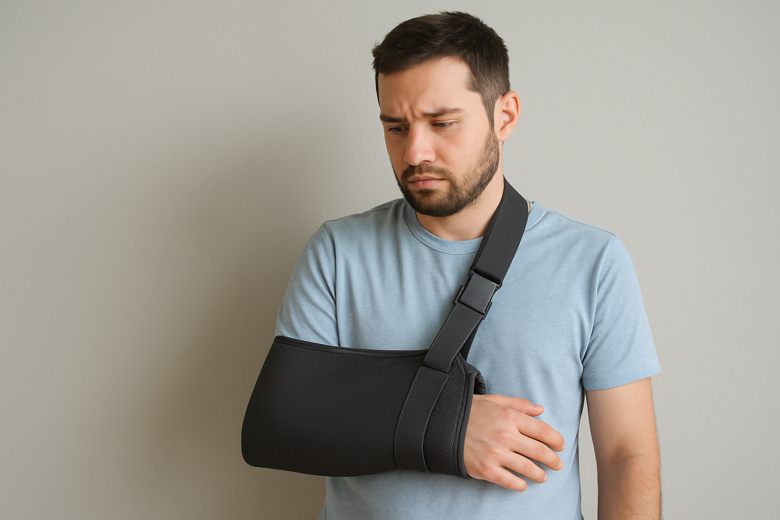 man in 40s looking concerned and wearing a sling on arm