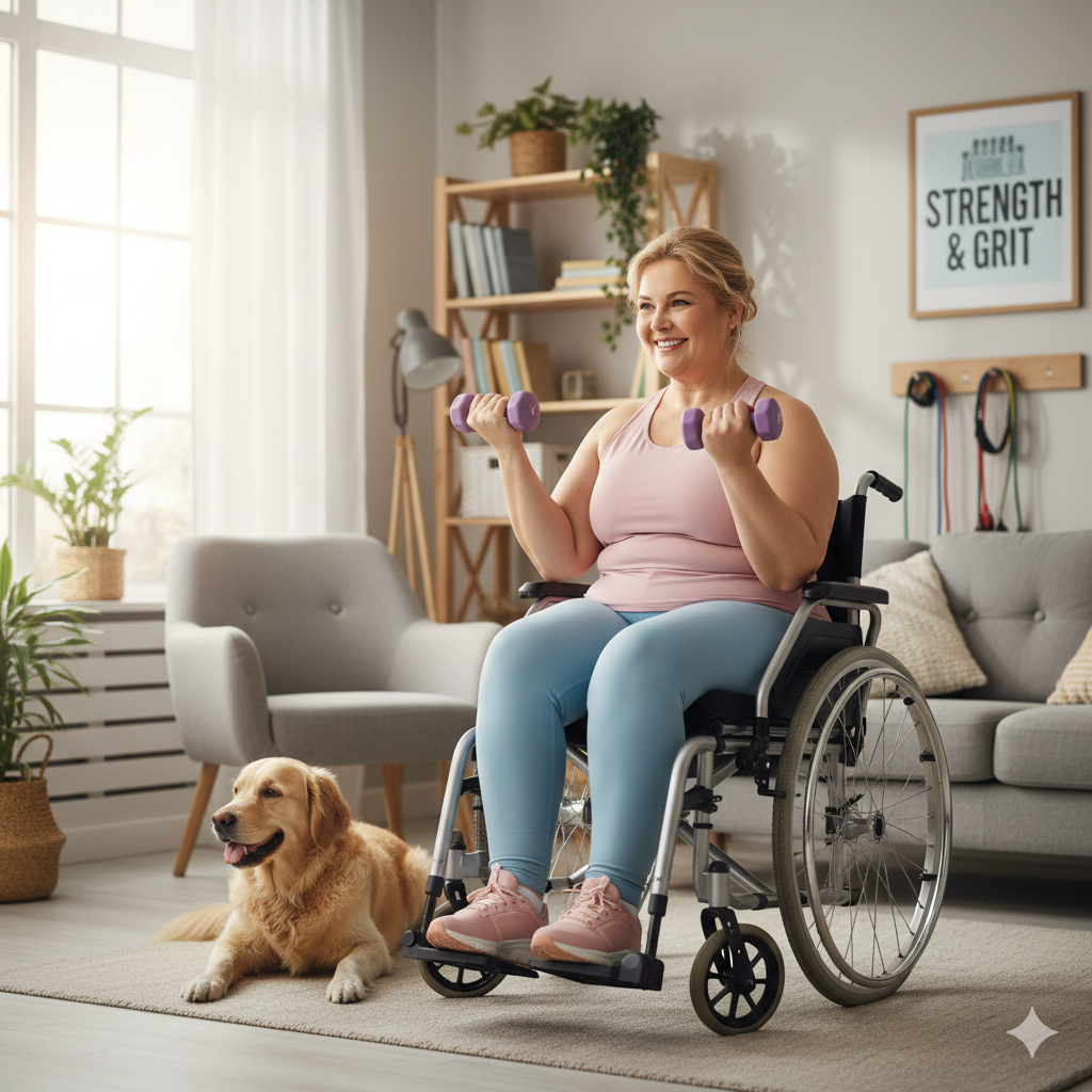 Middle aged lady in a wheel chair wearing active wear and performing a bicep curl with dumbells while smiling. Dog is laying next to the chair