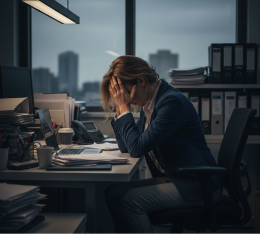 Lady in 40s at office desk looking unhappy and stiff