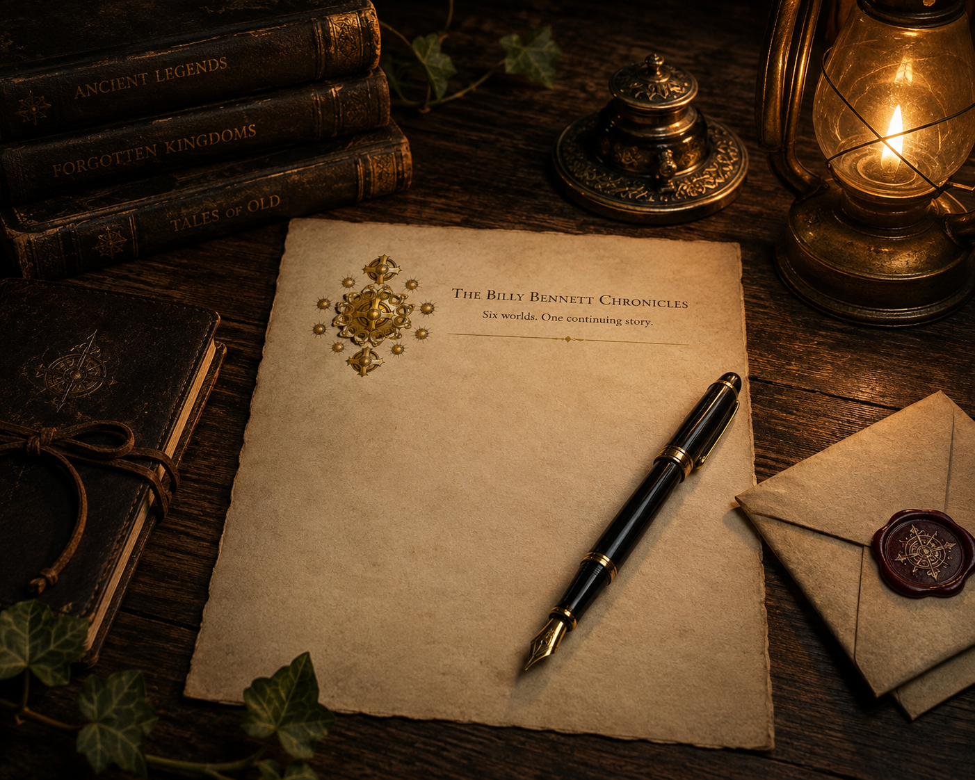 Writing desk with Billy Bennett Chronicles headed paper, featuring the series logo.