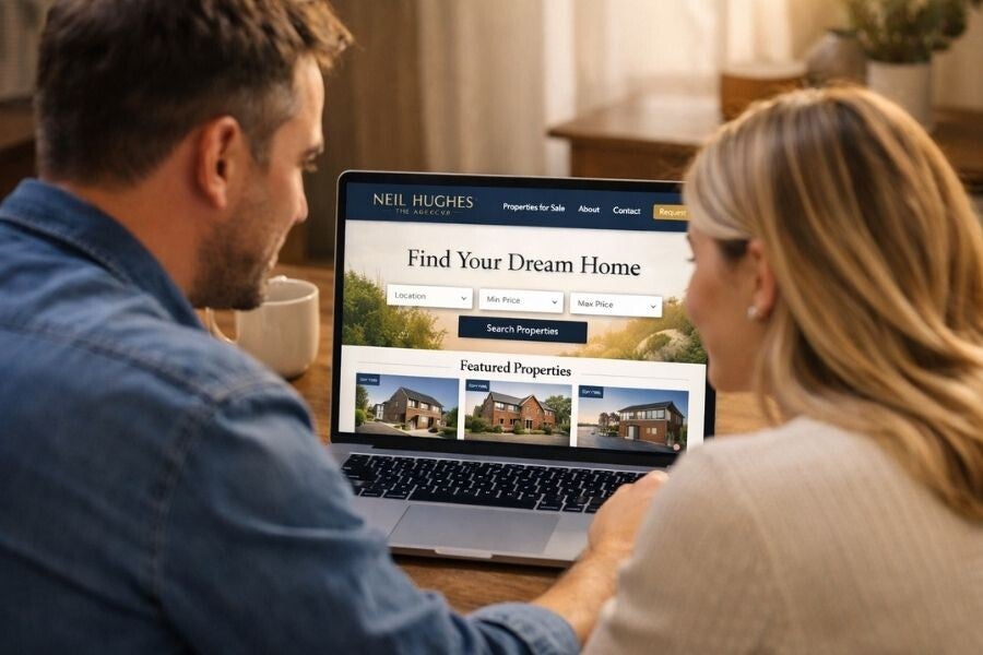 Couple browsing homes for sale on laptop showing TAUK Park Street estate agent website