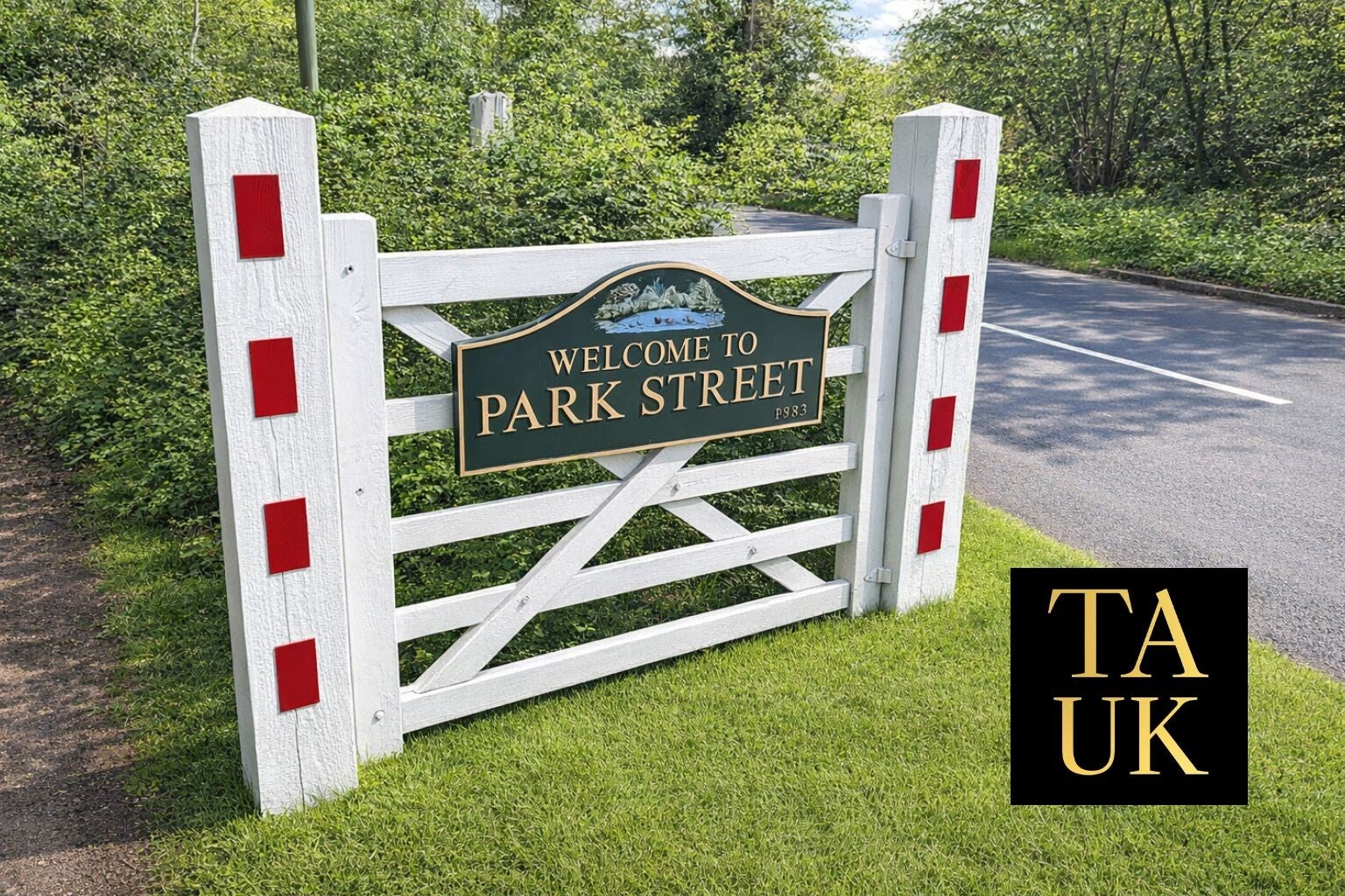 Park Street village welcome sign on roadside gate in St Albans AL2