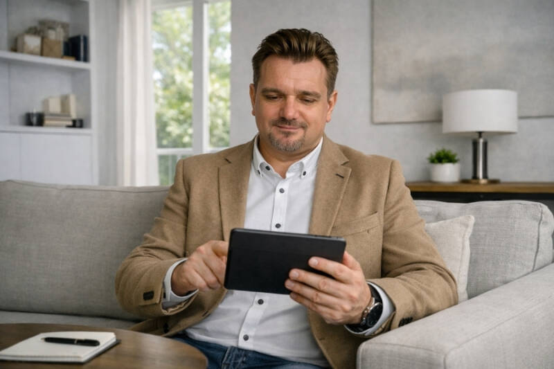 Neil Hughes seated in a modern minimalist lounge researching a property valuation on a tablet, natural light through window.