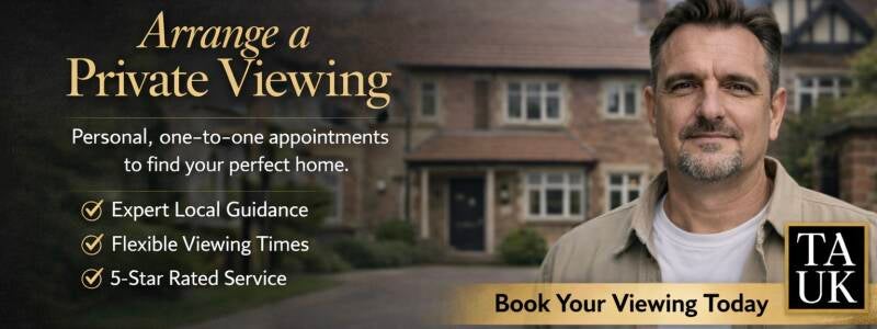 Arrange a Private Viewing banner featuring Neil Hughes and a premium brick property in daylight with TAUK branding.