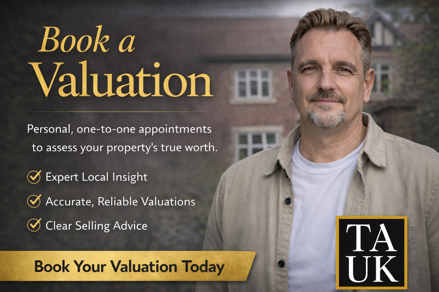 Neil Hughes TAUK standing outside a St Albans home for Book a Valuation hero image.