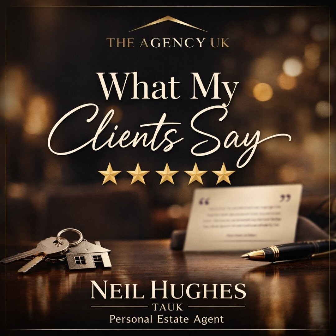 Neil Hughes TAUK client reviews graphic showing five‑star service and premium estate agency branding for Park Street and St Albans.
