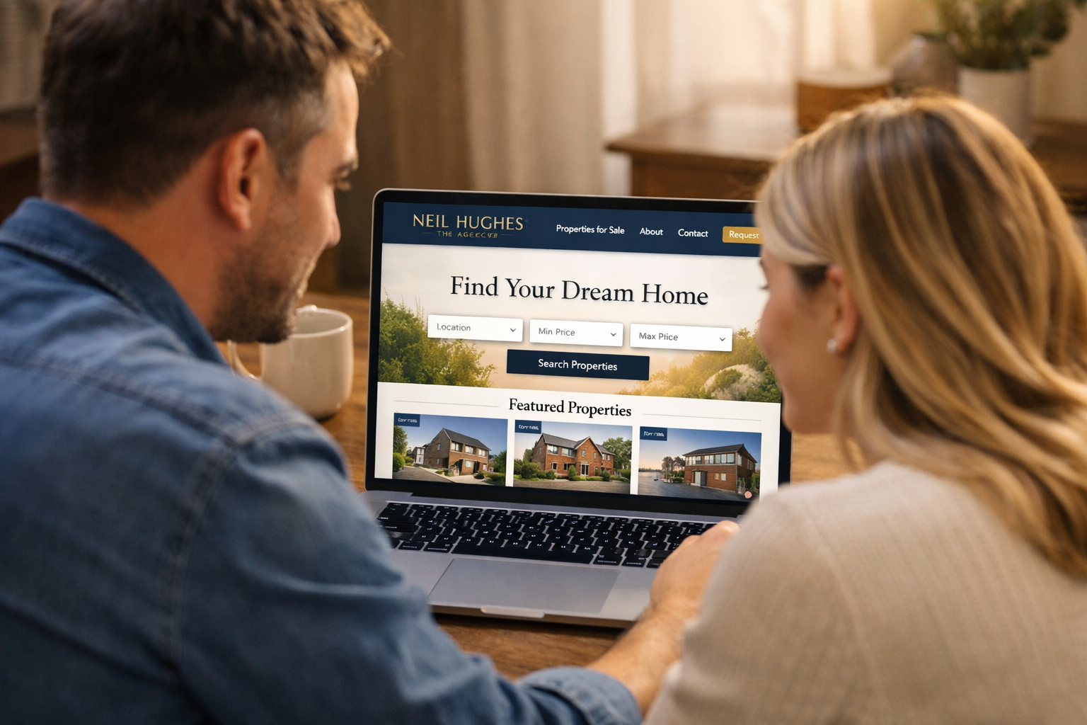 Couple browsing homes for sale on laptop showing TAUK Park Street estate agent website