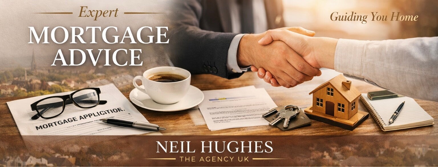 Two people shaking hands over a mortgage application with house model, keys and documents, with text reading Expert mortgage advice guiding you home Neil Hughes The Agency UK.