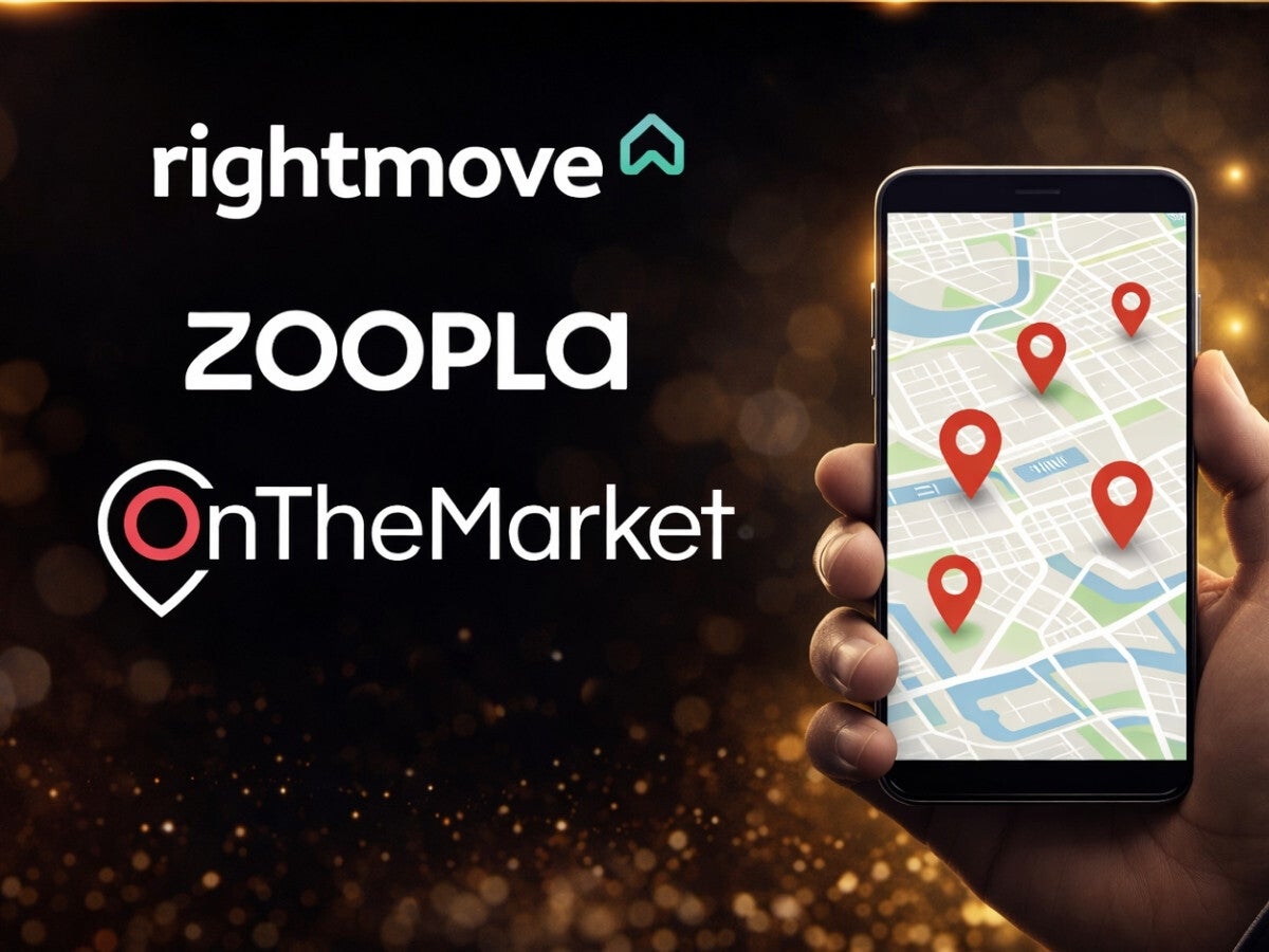Modern black and gold digital graphic showing premium property portal reach with a smartphone map.