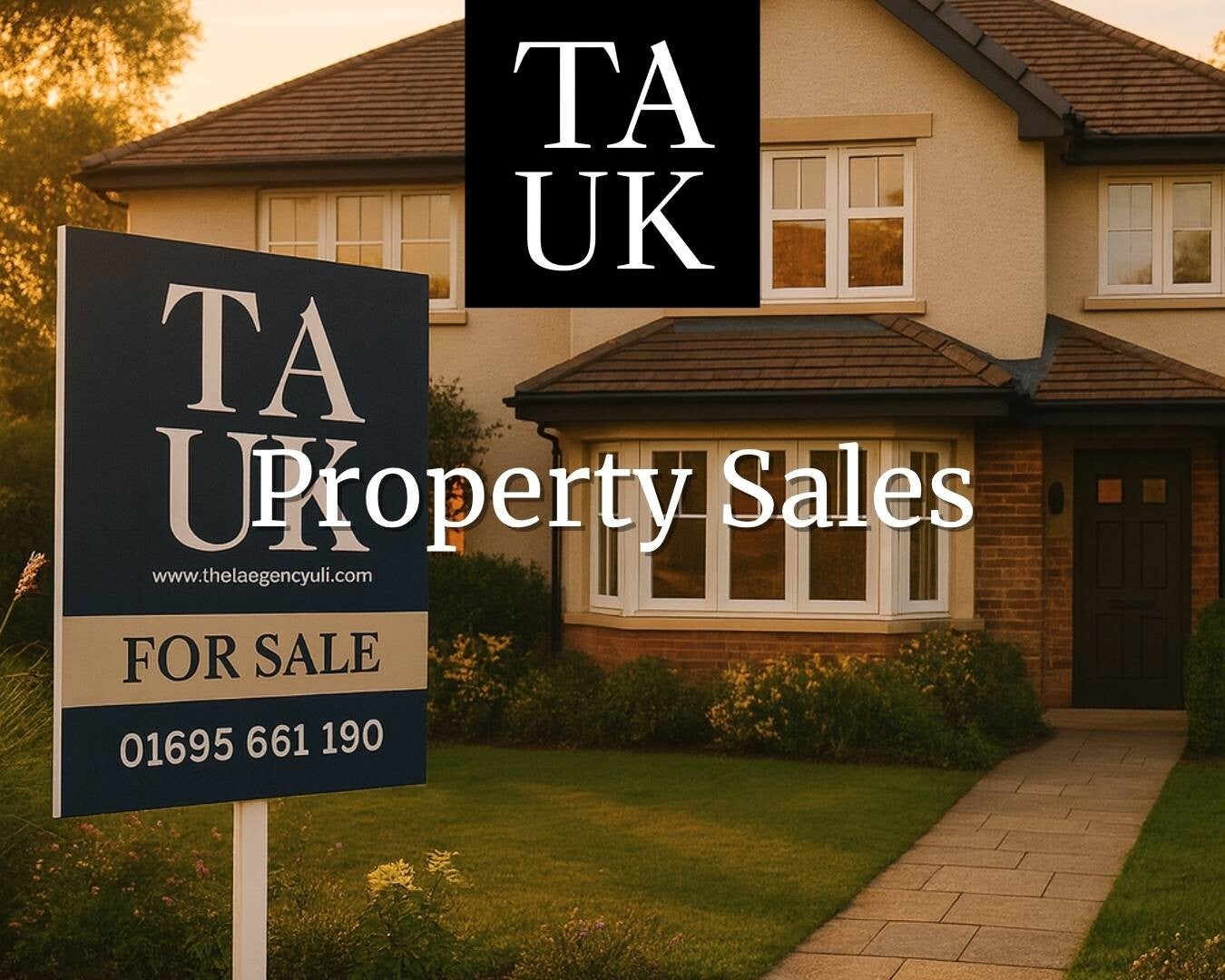 Front view of a two‑storey home with a TAUK ‘For Sale’ board at the entrance during golden hour.