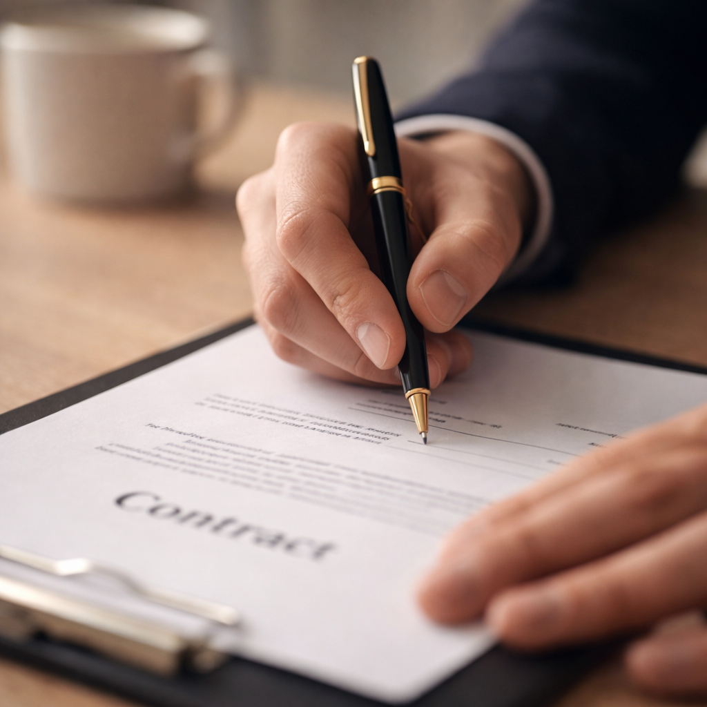 Close-up of homeowner signing contract on wooden desk, illustrating essential seller basics and estate agent fees.