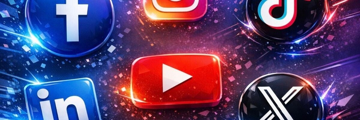 Colourful social media graphic featuring major platform logos on a vibrant digital background.