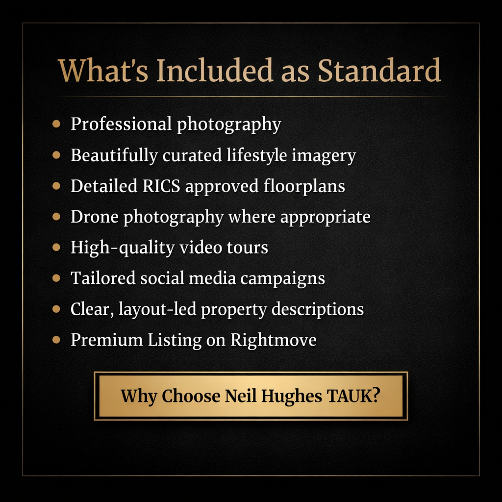 Marketing services offered by Neil Hughes TAUK including photography, lifestyle imagery, floorplans, drone work, video tours, social media campaigns, property descriptions and premium Rightmove listing.