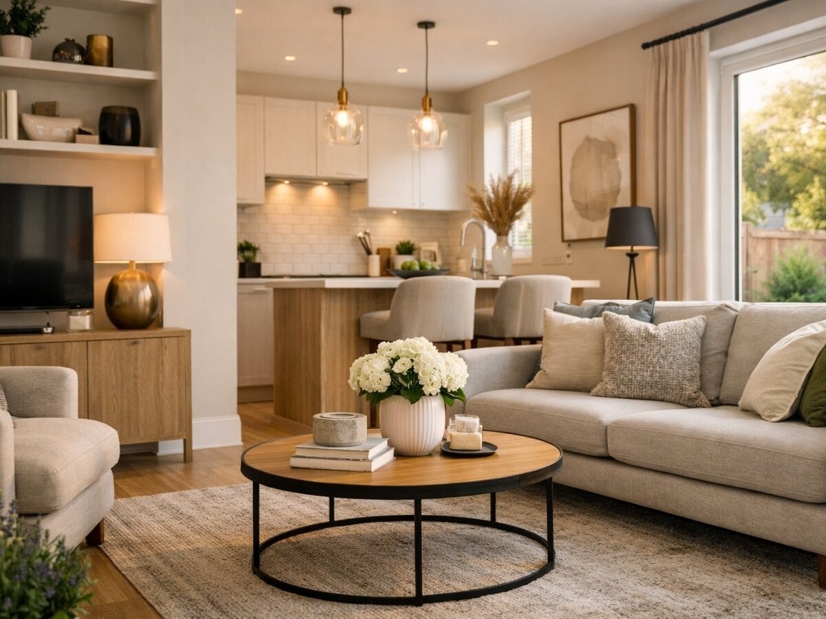 Modern rental living room interior in Park Street, St Albans with natural light and neutral tones